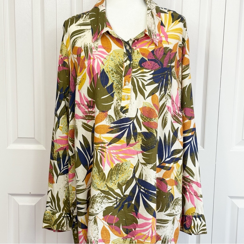 D&Co. Naturals Colorful Tropical Palm Leaf Print Linen Popover Shirt 2X